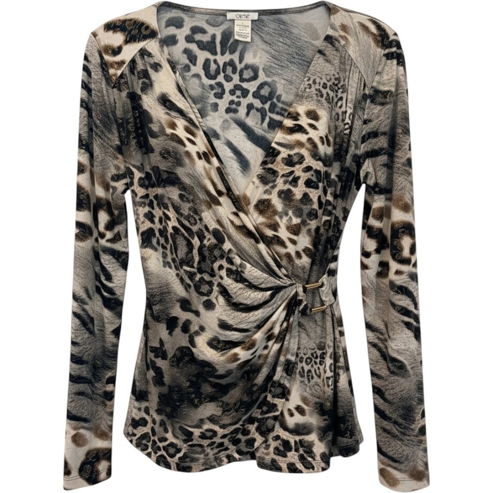 Cache Wrap Top Large Brown Animal Print Gold Hardware Long Sleeve